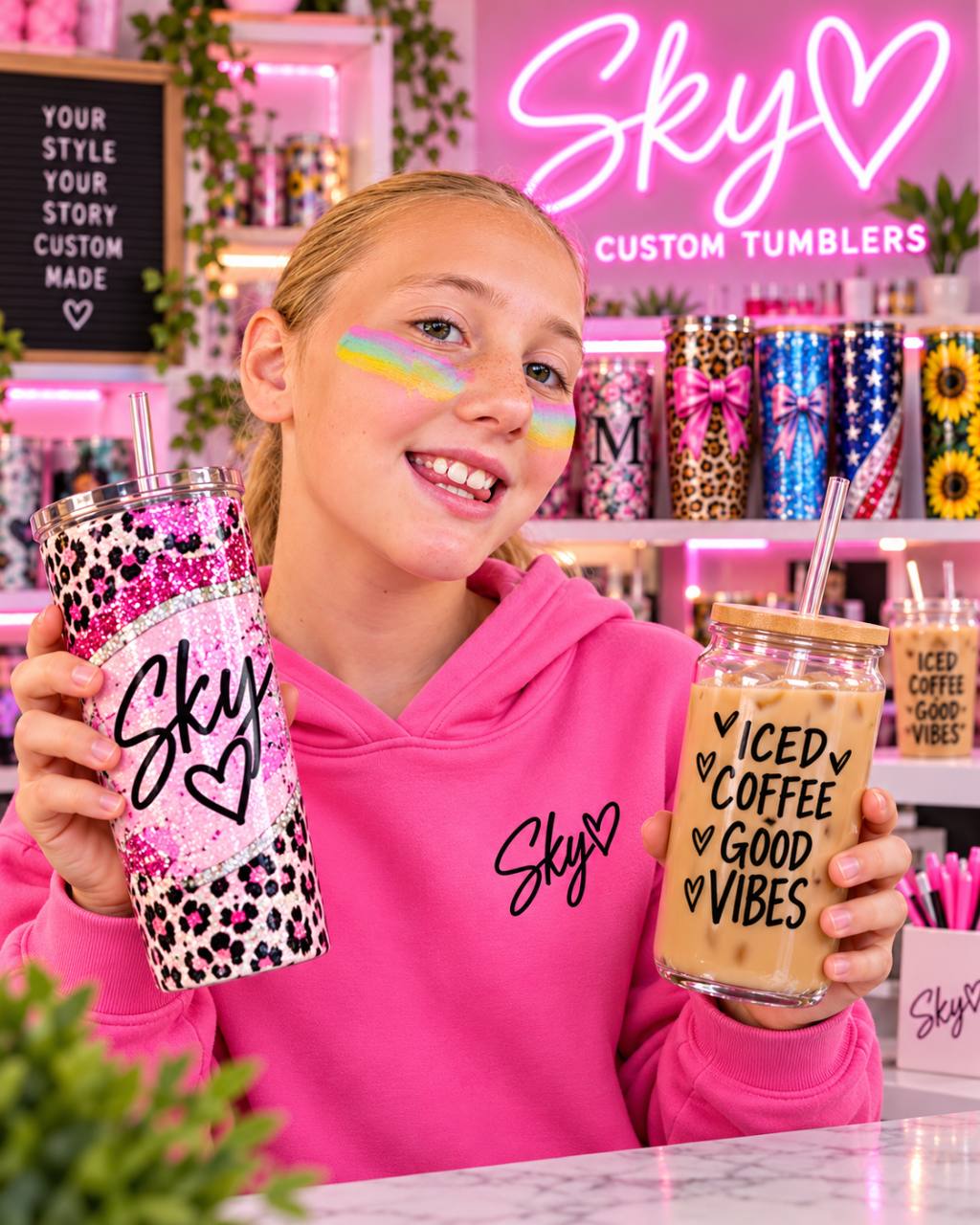 Skylar holding a pink Sky tumbler and an iced coffee glass in the colorful tumbler studio