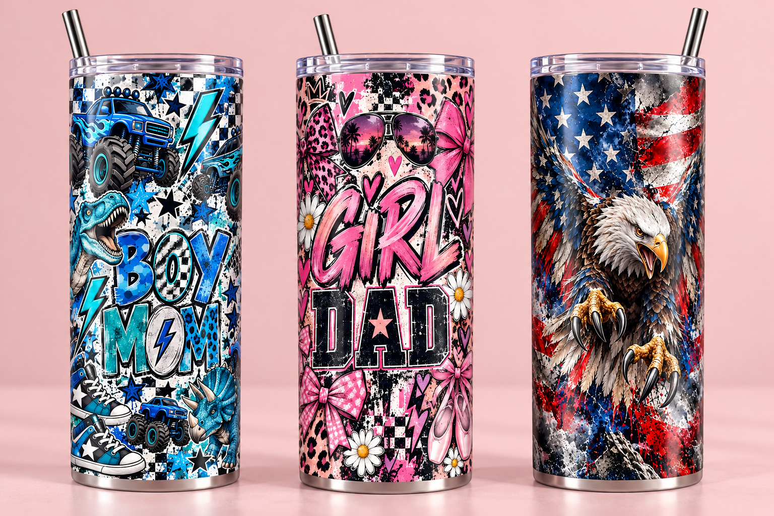 Illustrative studio mockups of Boy Mom, Girl Dad and patriotic eagle tumbler designs